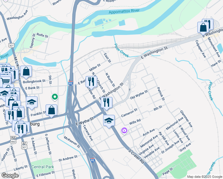 map of restaurants, bars, coffee shops, grocery stores, and more near 11 North Foley Street in Petersburg