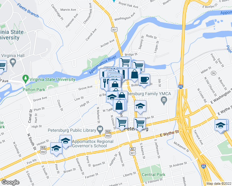 map of restaurants, bars, coffee shops, grocery stores, and more near E Bank St & W Bank St in Petersburg