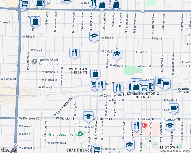 map of restaurants, bars, coffee shops, grocery stores, and more near 1877 North Grant Avenue in Springfield
