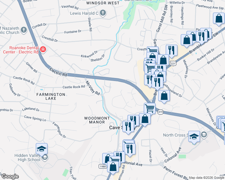 map of restaurants, bars, coffee shops, grocery stores, and more near 3225 Rasmont Road in Cave Spring