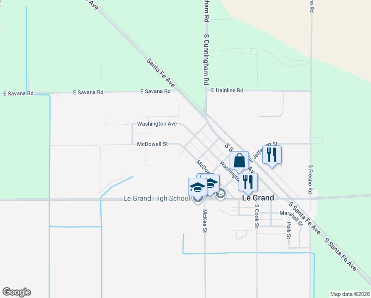 map of restaurants, bars, coffee shops, grocery stores, and more near McDowell Street in Le Grand