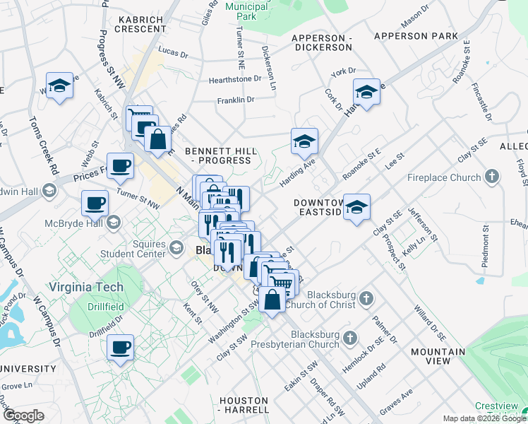 map of restaurants, bars, coffee shops, grocery stores, and more near 109 Wharton Street Northeast in Blacksburg