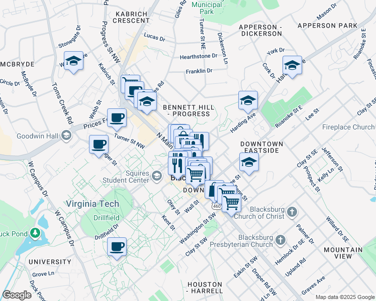 map of restaurants, bars, coffee shops, grocery stores, and more near 105 Wilson Avenue in Blacksburg