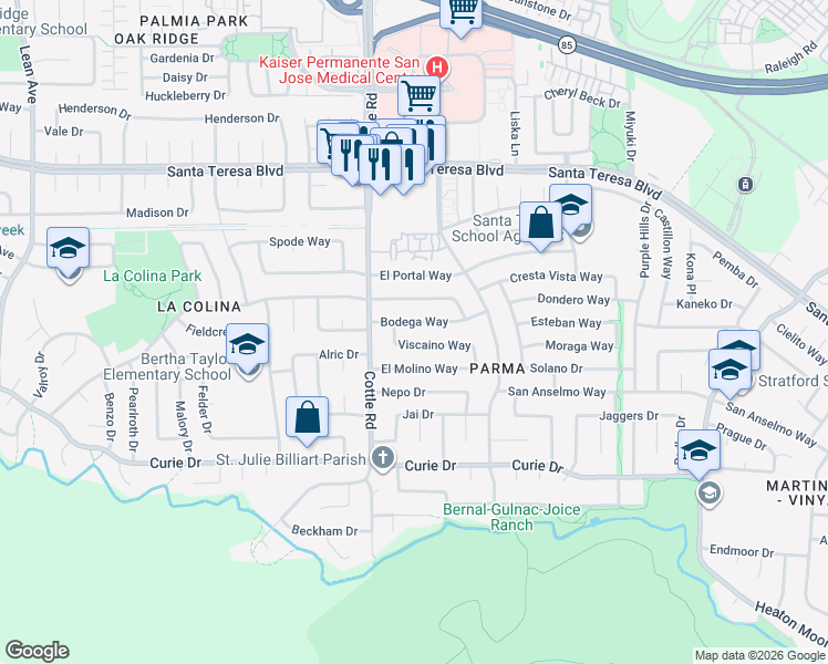 map of restaurants, bars, coffee shops, grocery stores, and more near 321 Viscaino Way in San Jose