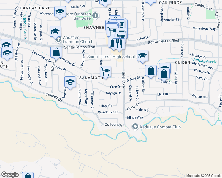 map of restaurants, bars, coffee shops, grocery stores, and more near 649 Cayuga Drive in San Jose