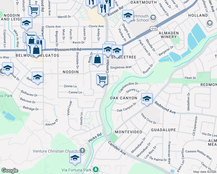 map of restaurants, bars, coffee shops, grocery stores, and more near 5837 Camden Avenue in San Jose