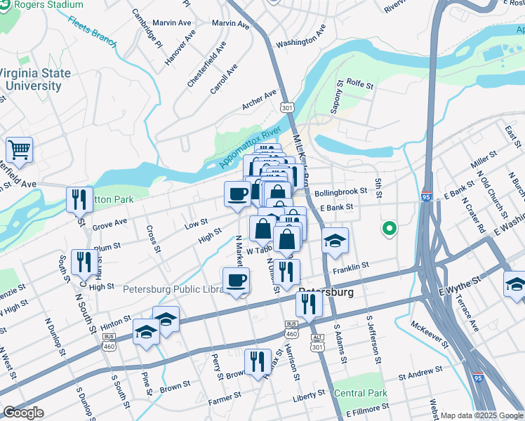 map of restaurants, bars, coffee shops, grocery stores, and more near 110 West Bank Street in Petersburg