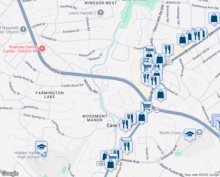 map of restaurants, bars, coffee shops, grocery stores, and more near 3225 Rasmont Road in Cave Spring