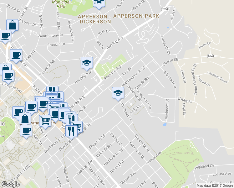 map of restaurants, bars, coffee shops, grocery stores, and more near Prospect Street in Blacksburg