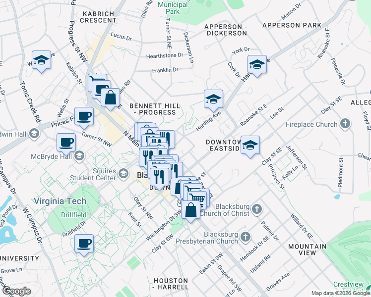 map of restaurants, bars, coffee shops, grocery stores, and more near 109 Wharton Street Northeast in Blacksburg
