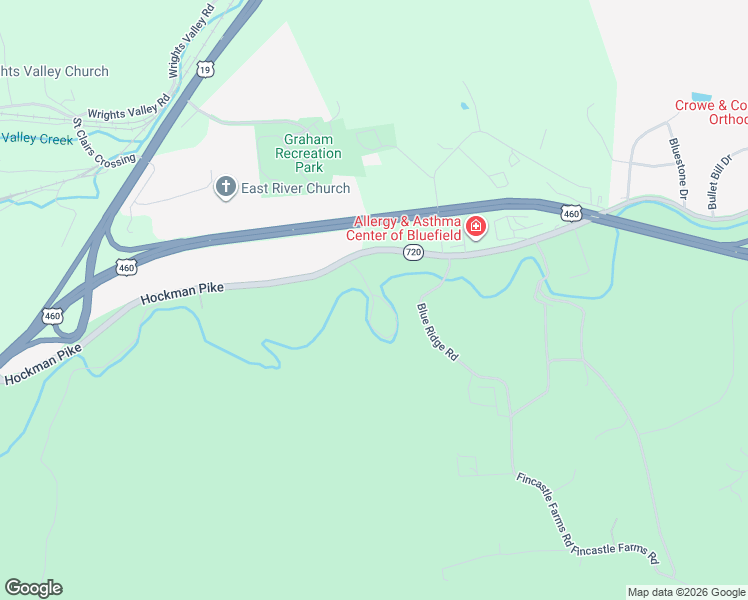 map of restaurants, bars, coffee shops, grocery stores, and more near River Bend Road in Bluefield