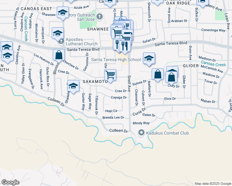 map of restaurants, bars, coffee shops, grocery stores, and more near 649 Cayuga Drive in San Jose