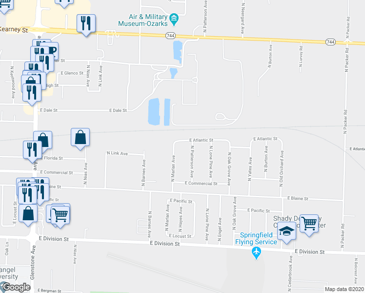 map of restaurants, bars, coffee shops, grocery stores, and more near 2312 East Atlantic Street in Springfield