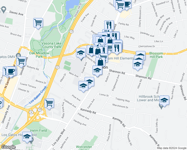 map of restaurants, bars, coffee shops, grocery stores, and more near 16345 Los Gatos Boulevard in Los Gatos
