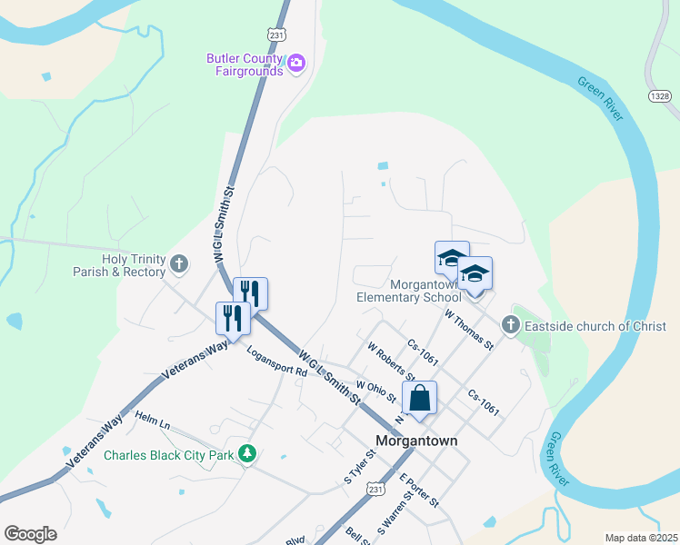 map of restaurants, bars, coffee shops, grocery stores, and more near Boat Factory Road in Morgantown