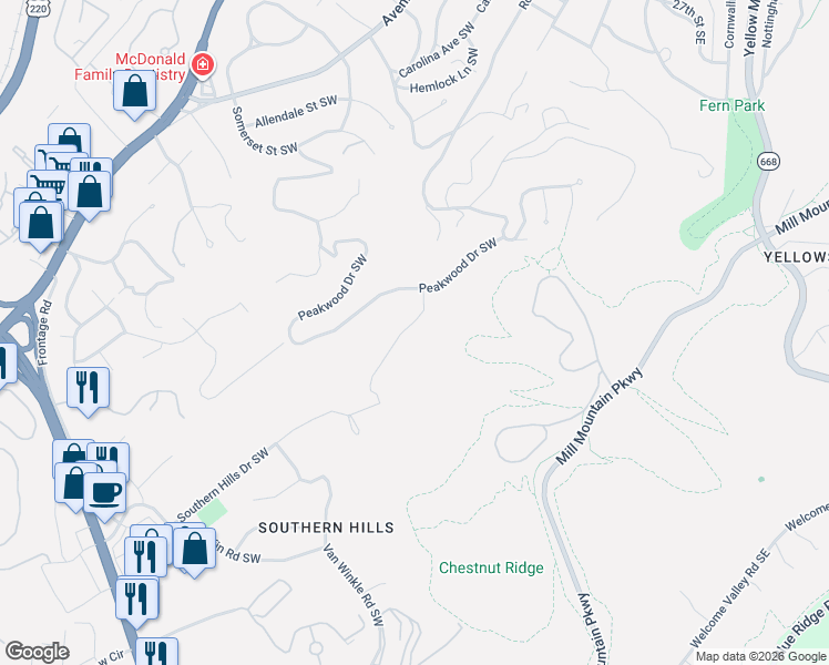 map of restaurants, bars, coffee shops, grocery stores, and more near 3613 Peakwood Drive Southwest in Roanoke
