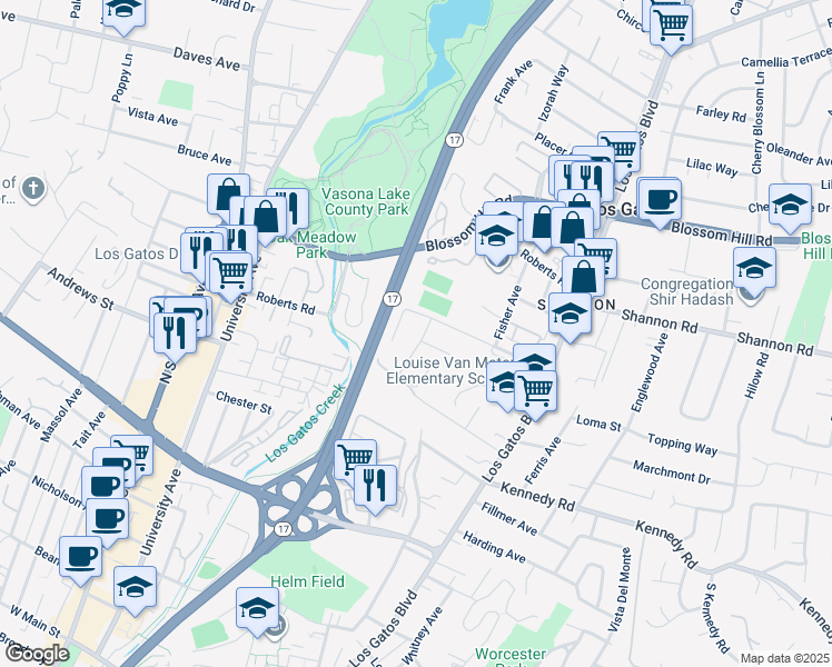 map of restaurants, bars, coffee shops, grocery stores, and more near 309 Albert Drive in Los Gatos