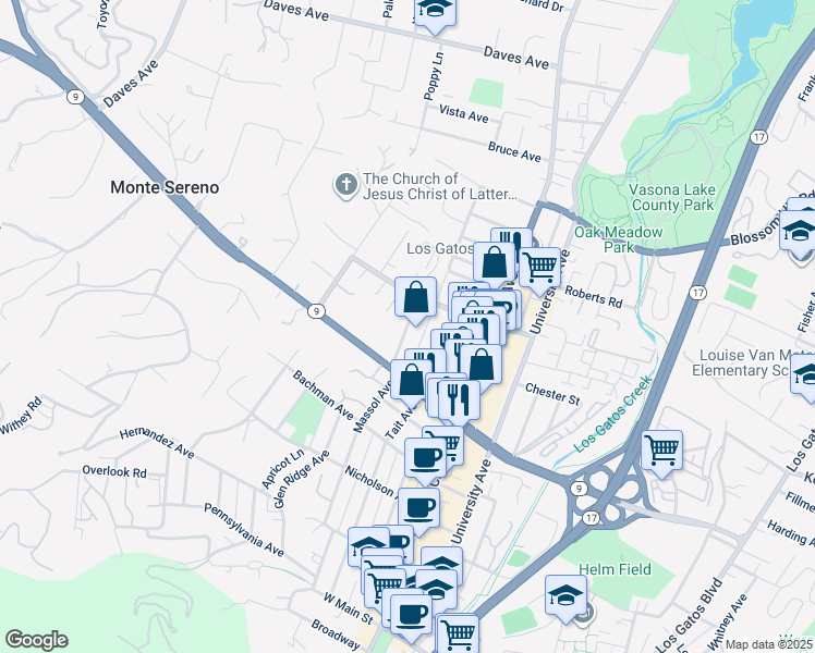 map of restaurants, bars, coffee shops, grocery stores, and more near 24 Montgomery Street in Los Gatos