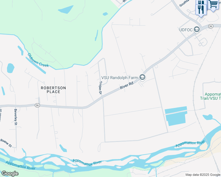 map of restaurants, bars, coffee shops, grocery stores, and more near 4526 River Road in Petersburg