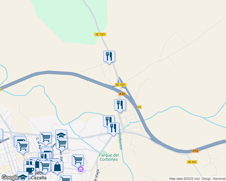 map of restaurants, bars, coffee shops, grocery stores, and more near in La Puebla de Cazalla