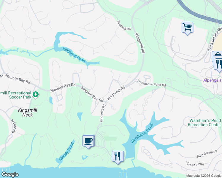 map of restaurants, bars, coffee shops, grocery stores, and more near 79 Winster Fax in Williamsburg
