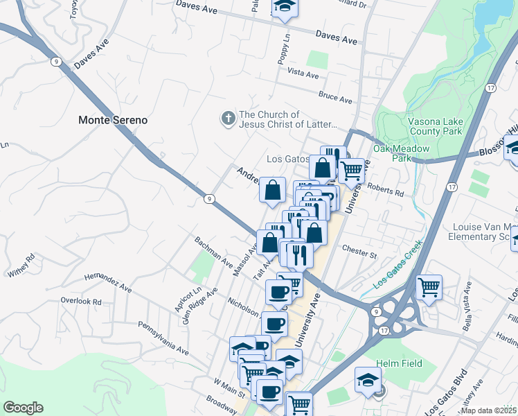 map of restaurants, bars, coffee shops, grocery stores, and more near 24 Montgomery Street in Los Gatos