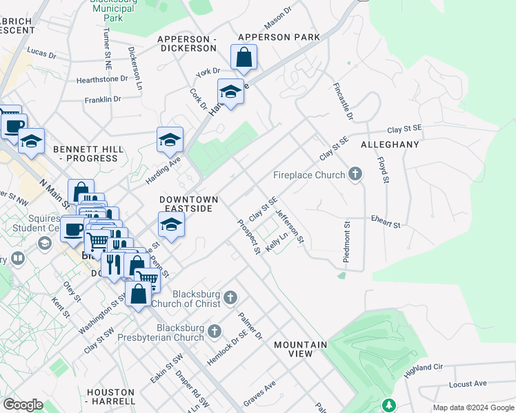 map of restaurants, bars, coffee shops, grocery stores, and more near 605 Devon Lane in Blacksburg