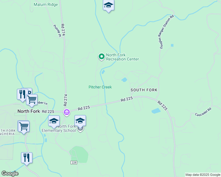 map of restaurants, bars, coffee shops, grocery stores, and more near 57665 Road 225 in North Fork