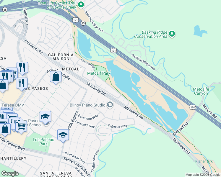 map of restaurants, bars, coffee shops, grocery stores, and more near 7382 Prindiville Drive in San Jose