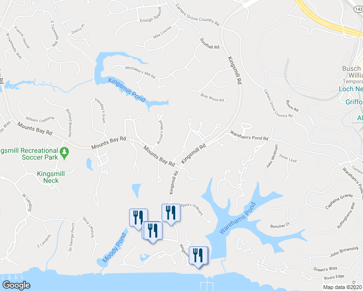 map of restaurants, bars, coffee shops, grocery stores, and more near 73 Winster Fax in Williamsburg