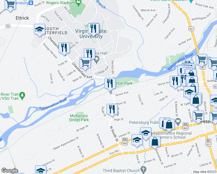map of restaurants, bars, coffee shops, grocery stores, and more near 600 Fleet Street in Petersburg