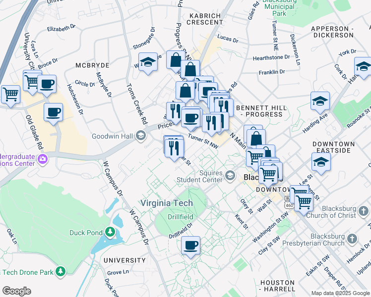 map of restaurants, bars, coffee shops, grocery stores, and more near Barger Street in Blacksburg