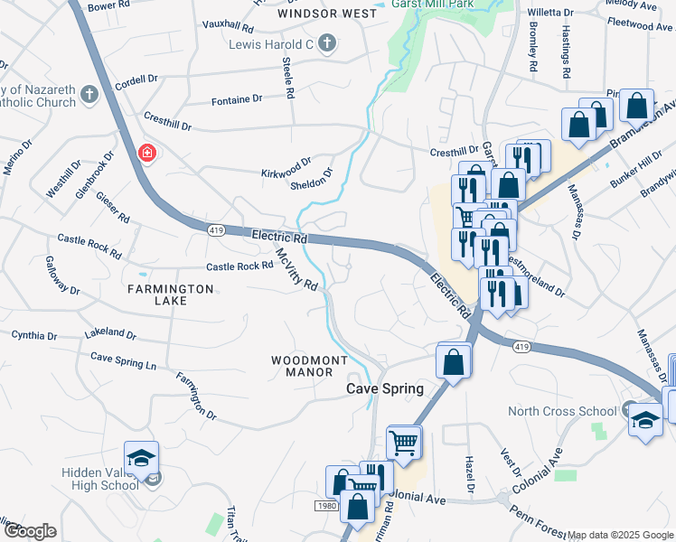 map of restaurants, bars, coffee shops, grocery stores, and more near 3045 McVitty Forest Drive in Roanoke