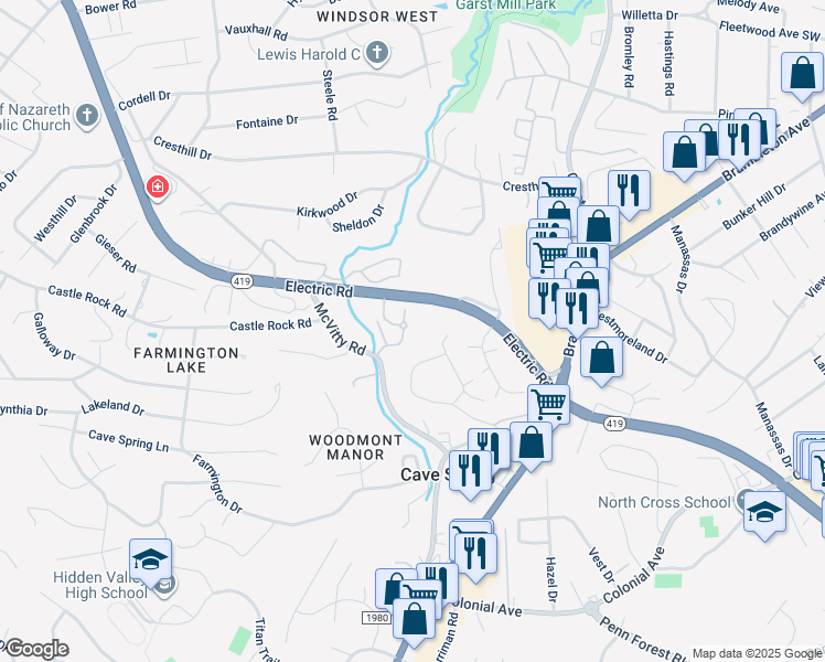 map of restaurants, bars, coffee shops, grocery stores, and more near 3060 McVitty Forest Drive in Roanoke