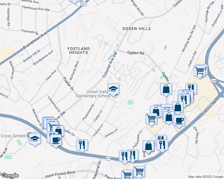 map of restaurants, bars, coffee shops, grocery stores, and more near 3571 Timberline Trail in Cave Spring