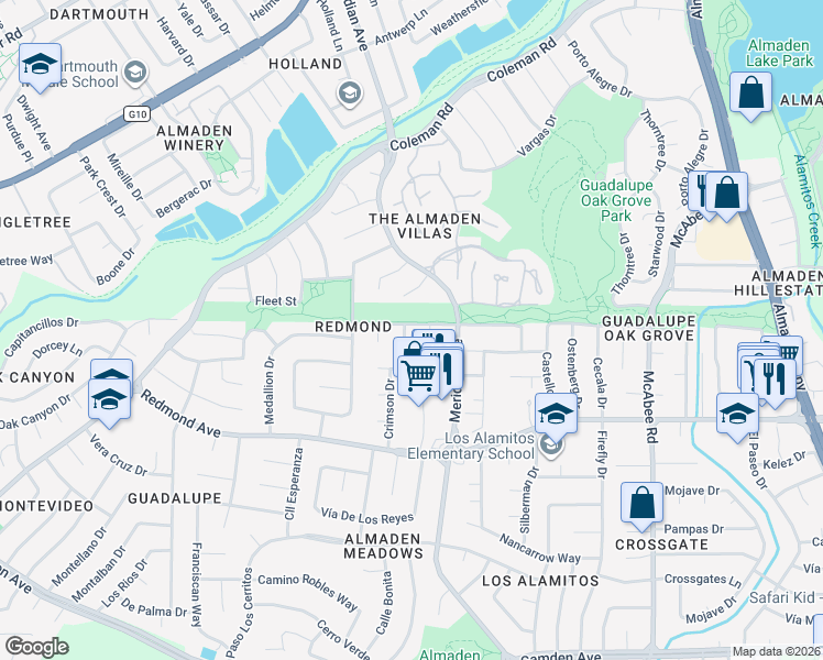 map of restaurants, bars, coffee shops, grocery stores, and more near 5952 Crimson Drive in San Jose