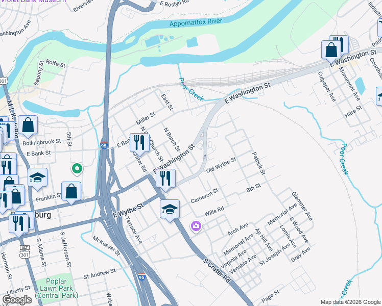 map of restaurants, bars, coffee shops, grocery stores, and more near 23 Eastover Avenue in Petersburg