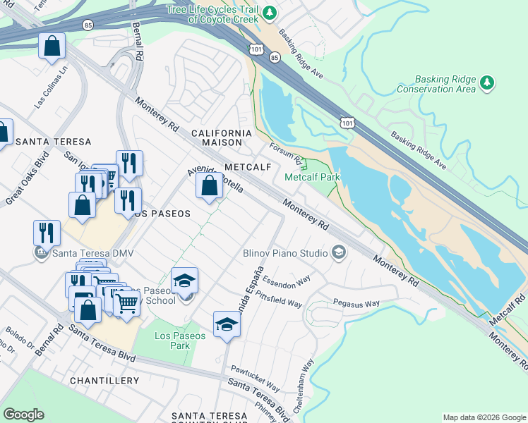 map of restaurants, bars, coffee shops, grocery stores, and more near 31 Avenida España in San Jose