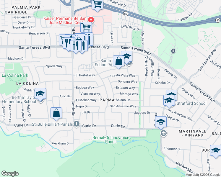 map of restaurants, bars, coffee shops, grocery stores, and more near 6306 Camino Verde Drive in San Jose