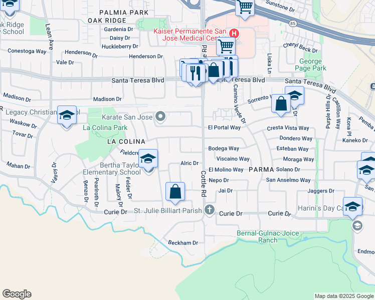 map of restaurants, bars, coffee shops, grocery stores, and more near 365 Alric Drive in San Jose