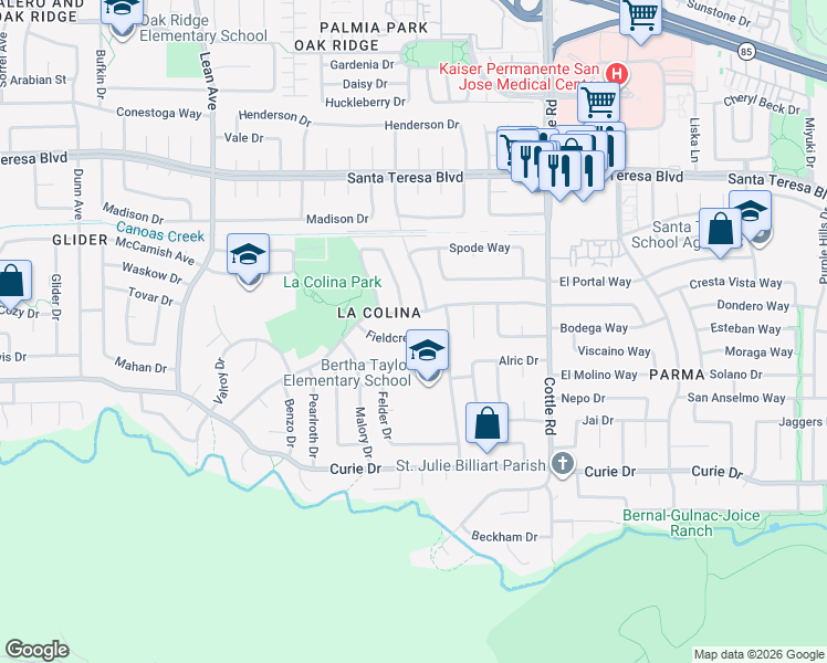 map of restaurants, bars, coffee shops, grocery stores, and more near 413 Sautner Drive in San Jose