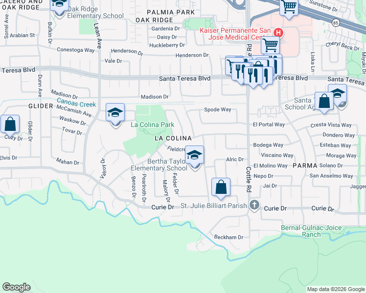 map of restaurants, bars, coffee shops, grocery stores, and more near 413 Sautner Drive in San Jose