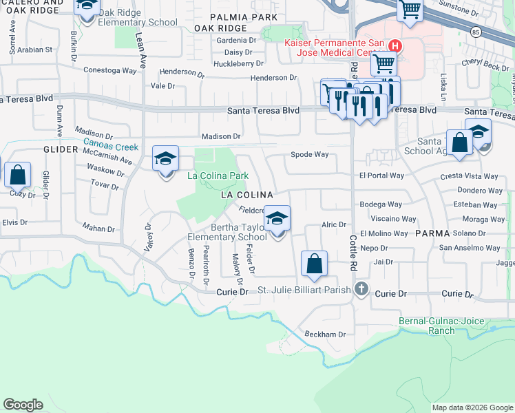 map of restaurants, bars, coffee shops, grocery stores, and more near 433 Sautner Drive in San Jose
