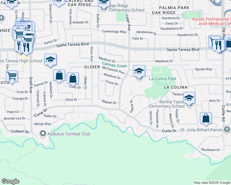 map of restaurants, bars, coffee shops, grocery stores, and more near 6250 Bothell Circle in San Jose