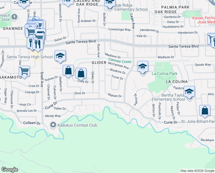 map of restaurants, bars, coffee shops, grocery stores, and more near 6272 Mahan Drive in San Jose