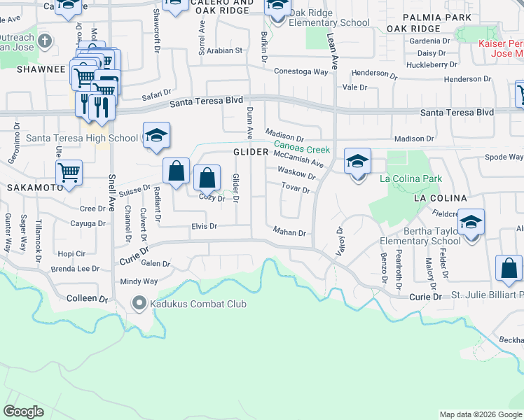 map of restaurants, bars, coffee shops, grocery stores, and more near 6272 Mahan Drive in San Jose