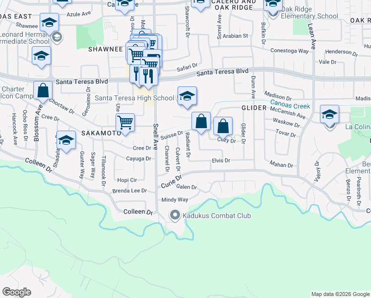 map of restaurants, bars, coffee shops, grocery stores, and more near 6286 Culvert Drive in San Jose