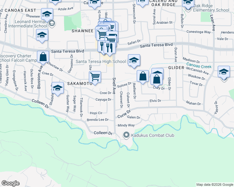 map of restaurants, bars, coffee shops, grocery stores, and more near 6271 Channel Drive in San Jose