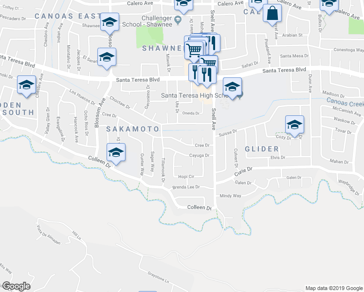 map of restaurants, bars, coffee shops, grocery stores, and more near 649 Cayuga Drive in San Jose