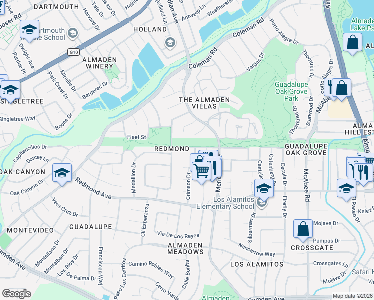 map of restaurants, bars, coffee shops, grocery stores, and more near 5964 Glowing Court in San Jose